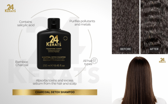 24Kerats Charcoal bamboo detox shampoo bottle – pH-balanced clarifying formula for scalp health and buildup removal